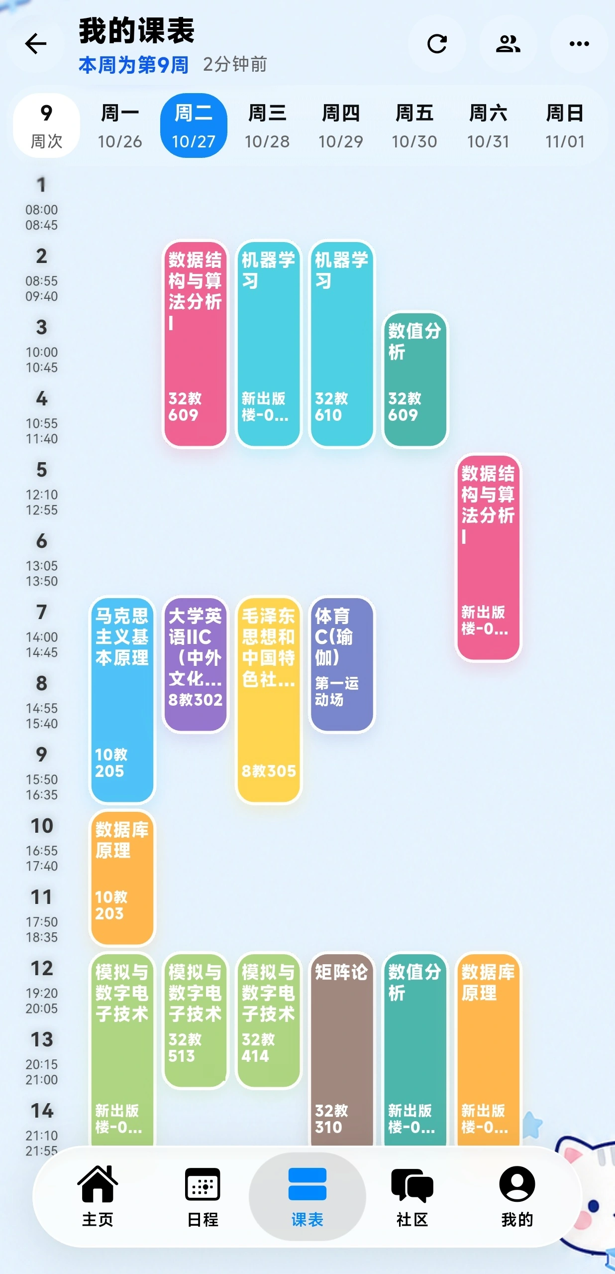 我的一周课表,按天展示课程安排