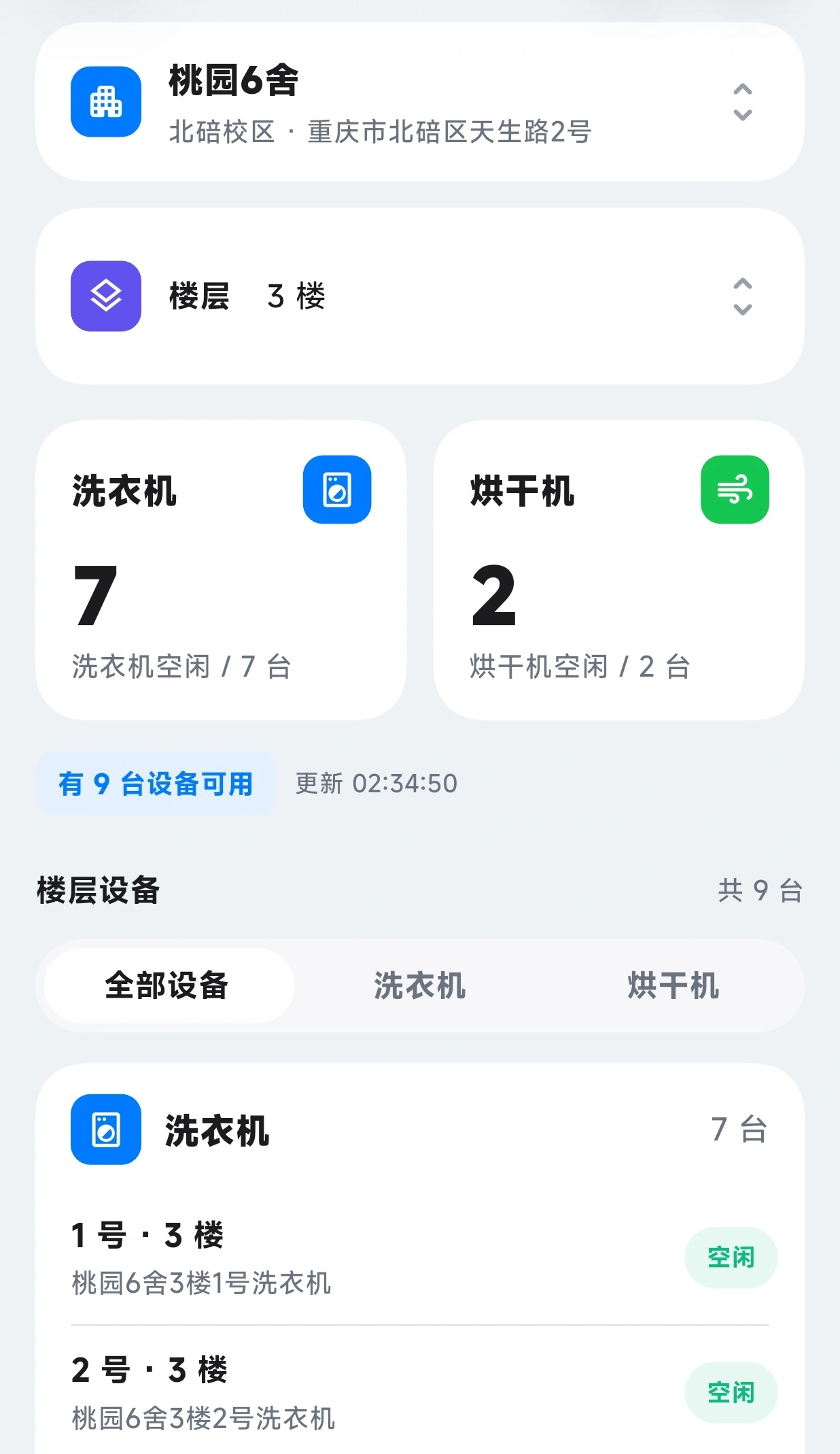 洗衣机与烘干机空闲数量及楼层设备状态